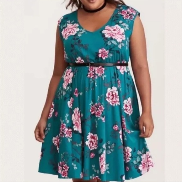Torrid Boho Teal Floral Mini Challis Dress Sweetheart Neck Elastic Waist Plus Sz - Picture 1 of 13